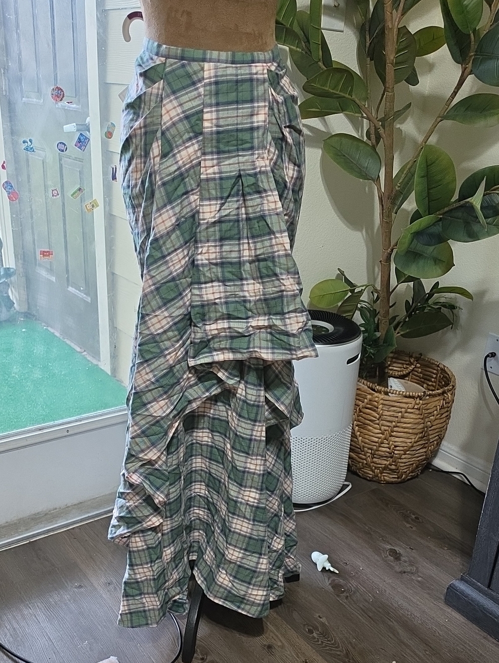 Haute Hippie Green and Cream Plaid Ruffle Maxi Skirt